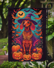 Load image into Gallery viewer, Dachshund Witchy Halloween Garden Flag – Witch Dog with Pumpkins, Bats &amp; Jack-o'-Lanterns