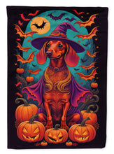 Load image into Gallery viewer, Dachshund Witchy Halloween Garden Flag – Witch Dog with Pumpkins, Bats &amp; Jack-o'-Lanterns