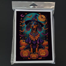 Load image into Gallery viewer, Black and Tan Dachshund Witchy Halloween Greeting Cards -  Blank Note Cards – 8-Pack of Artist-Designed Cards with Envelopes