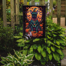 Load image into Gallery viewer, Black French Bulldog Witchy Halloween Garden Flag – Witch Dog with Pumpkins, Bats &amp; Jack-o'-Lanterns