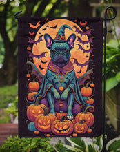 Load image into Gallery viewer, Black French Bulldog Witchy Halloween Garden Flag – Witch Dog with Pumpkins, Bats &amp; Jack-o'-Lanterns