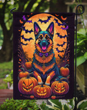 Load image into Gallery viewer, German Shepherd Witchy Halloween Garden Flag – Witch Dog with Pumpkins, Bats &amp; Jack-o'-Lanterns