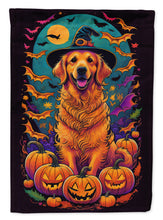 Load image into Gallery viewer, Golden Retriever Witchy Halloween Garden Flag – Witch Dog with Pumpkins, Bats &amp; Jack-o'-Lanterns
