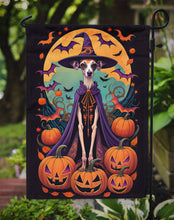 Load image into Gallery viewer, Italian Greyhound Witchy Halloween Garden Flag – Witch Dog with Pumpkins, Bats &amp; Jack-o'-Lanterns
