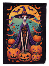 Load image into Gallery viewer, Italian Greyhound Witchy Halloween Garden Flag – Witch Dog with Pumpkins, Bats &amp; Jack-o'-Lanterns