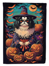 Load image into Gallery viewer, Japanese Chin Witchy Halloween Garden Flag – Witch Dog with Pumpkins, Bats &amp; Jack-o'-Lanterns