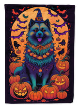 Load image into Gallery viewer, Keeshond Witchy Halloween Garden Flag – Witch Dog with Pumpkins, Bats &amp; Jack-o'-Lanterns