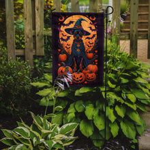 Load image into Gallery viewer, Miniature Pinscher Witchy Halloween Garden Flag – Witch Dog with Pumpkins, Bats &amp; Jack-o'-Lanterns
