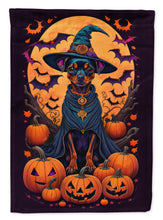 Load image into Gallery viewer, Miniature Pinscher Witchy Halloween Garden Flag – Witch Dog with Pumpkins, Bats &amp; Jack-o'-Lanterns
