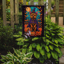 Load image into Gallery viewer, Norwich Terrier Witchy Halloween Garden Flag – Witch Dog with Pumpkins, Bats &amp; Jack-o'-Lanterns