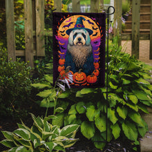 Load image into Gallery viewer, Old English Sheepdog Witchy Halloween Garden Flag – Witch Dog with Pumpkins, Bats &amp; Jack-o'-Lanterns