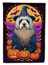 Load image into Gallery viewer, Old English Sheepdog Witchy Halloween Garden Flag – Witch Dog with Pumpkins, Bats &amp; Jack-o'-Lanterns