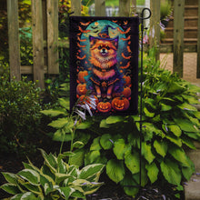 Load image into Gallery viewer, Pomeranian Witchy Halloween Garden Flag – Witch Dog with Pumpkins, Bats &amp; Jack-o'-Lanterns