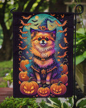 Load image into Gallery viewer, Pomeranian Witchy Halloween Garden Flag – Witch Dog with Pumpkins, Bats &amp; Jack-o'-Lanterns