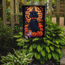 Load image into Gallery viewer, Black Standard Poodle Witchy Halloween Garden Flag – Witch Dog with Pumpkins, Bats &amp; Jack-o'-Lanterns