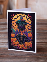 Load image into Gallery viewer, Black Pug Witchy Halloween Greeting Cards -  Blank Note Cards – 8-Pack of Artist-Designed Cards with Envelopes