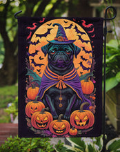 Load image into Gallery viewer, Black Pug Witchy Halloween Garden Flag – Witch Dog with Pumpkins, Bats &amp; Jack-o'-Lanterns