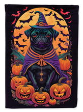 Load image into Gallery viewer, Black Pug Witchy Halloween Garden Flag – Witch Dog with Pumpkins, Bats &amp; Jack-o'-Lanterns