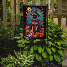 Load image into Gallery viewer, Pug Witchy Halloween Garden Flag – Witch Dog with Pumpkins, Bats &amp; Jack-o'-Lanterns