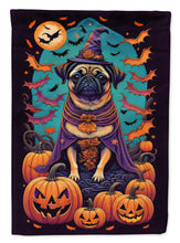 Load image into Gallery viewer, Pug Witchy Halloween Garden Flag – Witch Dog with Pumpkins, Bats &amp; Jack-o'-Lanterns