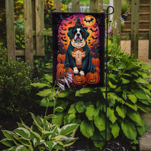 Load image into Gallery viewer, Saint Bernard Witchy Halloween Garden Flag – Witch Dog with Pumpkins, Bats &amp; Jack-o'-Lanterns