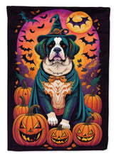 Load image into Gallery viewer, Saint Bernard Witchy Halloween Garden Flag – Witch Dog with Pumpkins, Bats &amp; Jack-o'-Lanterns