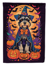 Load image into Gallery viewer, Schnauzer Witchy Halloween Garden Flag – Witch Dog with Pumpkins, Bats &amp; Jack-o'-Lanterns