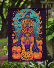 Load image into Gallery viewer, Shar Pei Witchy Halloween Garden Flag – Witch Dog with Pumpkins, Bats &amp; Jack-o'-Lanterns