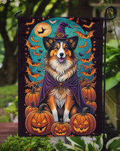 Load image into Gallery viewer, Sheltie Witchy Halloween Garden Flag – Witch Dog with Pumpkins, Bats &amp; Jack-o'-Lanterns