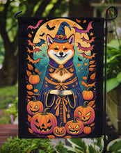 Load image into Gallery viewer, Shiba Inu Witchy Halloween Garden Flag – Witch Dog with Pumpkins, Bats &amp; Jack-o'-Lanterns