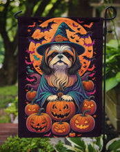 Load image into Gallery viewer, Shih Tzu Witchy Halloween Garden Flag – Witch Dog with Pumpkins, Bats &amp; Jack-o'-Lanterns