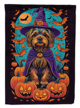Load image into Gallery viewer, Silky Terrier Witchy Halloween Garden Flag – Witch Dog with Pumpkins, Bats &amp; Jack-o'-Lanterns