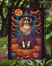 Load image into Gallery viewer, Tibetan Spaniel Witchy Halloween Garden Flag – Witch Dog with Pumpkins, Bats &amp; Jack-o'-Lanterns