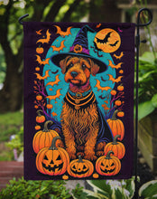 Load image into Gallery viewer, Welsh Terrier Witchy Halloween Garden Flag – Witch Dog with Pumpkins, Bats &amp; Jack-o'-Lanterns