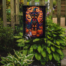 Load image into Gallery viewer, Yorkie Witchy Halloween Garden Flag – Witch Dog with Pumpkins, Bats &amp; Jack-o'-Lanterns