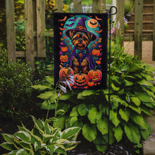 Load image into Gallery viewer, Yorkie Witchy Halloween Garden Flag – Witch Dog with Pumpkins, Bats &amp; Jack-o'-Lanterns