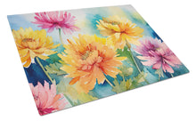 Load image into Gallery viewer, Chrysanthemums in Watercolor Glass Cutting Boards – Durable, Decorative Kitchen Art Large