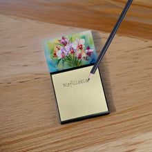 Load image into Gallery viewer, Orchids in Watercolor Sticky Note Holder- Refiilable Desk Accessory Note Pad