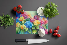 Load image into Gallery viewer, Hydrangeas in Watercolor Glass Cutting Boards – Durable, Decorative Kitchen Art Large
