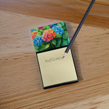 Load image into Gallery viewer, Hydrangeas in Watercolor Sticky Note Holder- Refiilable Desk Accessory Note Pad