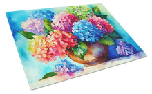 Load image into Gallery viewer, Hydrangeas in Watercolor Glass Cutting Boards – Durable, Decorative Kitchen Art Large