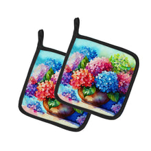 Load image into Gallery viewer, Hydrangeas in Watercolor Pot Holders - Set of 2 Decorative Kitchen Helpers | Made in the USA