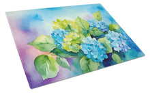 Load image into Gallery viewer, Hydrangeas in Watercolor Glass Cutting Boards – Durable, Decorative Kitchen Art Large
