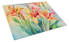 Load image into Gallery viewer, Lilies in Watercolor Glass Cutting Boards – Durable, Decorative Kitchen Art Large