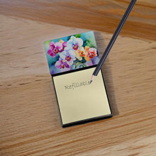 Load image into Gallery viewer, Orchids in Watercolor Sticky Note Holder- Refiilable Desk Accessory Note Pad