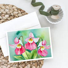 Load image into Gallery viewer, Minnesota Pink and White Lady’s Slippers in Watercolor Greeting Cards -  Blank Note Cards – 8-Pack of Artist-Designed Cards with Envelopes