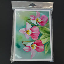 Load image into Gallery viewer, Minnesota Pink and White Lady’s Slippers in Watercolor Greeting Cards -  Blank Note Cards – 8-Pack of Artist-Designed Cards with Envelopes