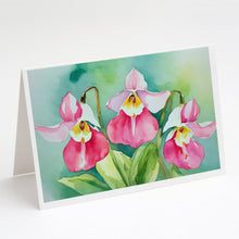 Load image into Gallery viewer, Minnesota Pink and White Lady’s Slippers in Watercolor Greeting Cards -  Blank Note Cards – 8-Pack of Artist-Designed Cards with Envelopes