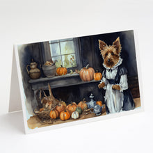 Load image into Gallery viewer, Australian Terrier Fall Kitchen Pumpkins Greeting Cards -  Blank Note Cards – 8-Pack of Artist-Designed Cards with Envelopes