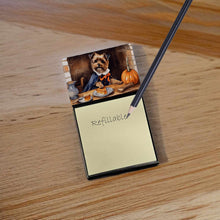 Load image into Gallery viewer, Border Terrier Fall Kitchen Pumpkins Sticky Note Holder- Refiilable Desk Accessory Note Pad